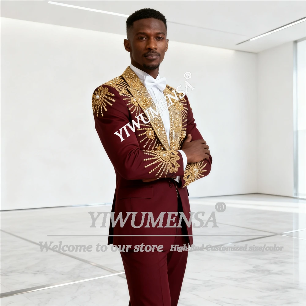 

Уникальный дизайн, мужские костюмы с жемчугом и кристаллами, свадебные смокинги для жениха, комплект из 2 предметов, золотые блейзеры для выпускного вечера с блестками, костюм для вечеринки, Homme по индивидуальному заказу