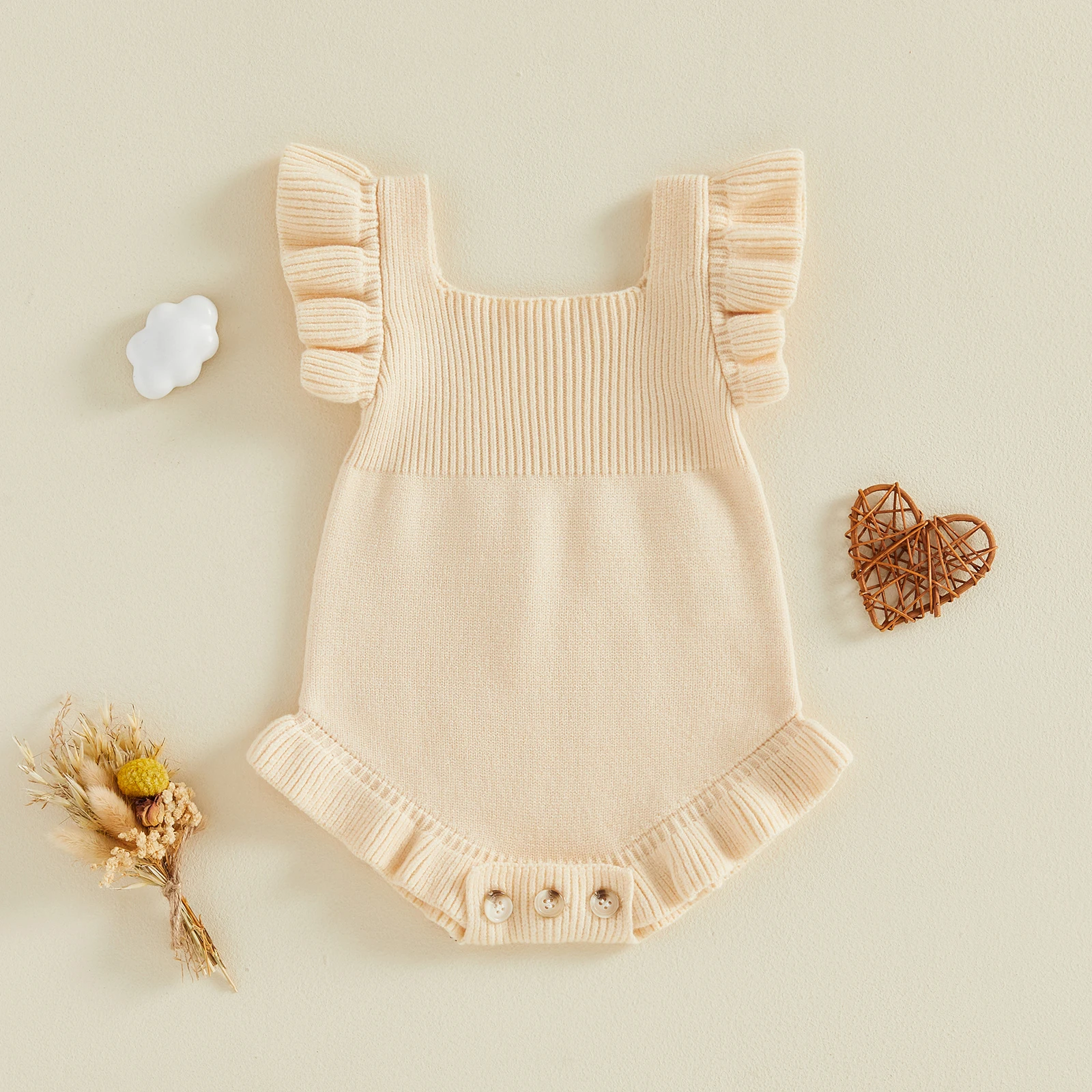 Baby Girl Ruffles Sweater Romper Solid Color Square Neck Flying Sleeve Knit Bodysuits Jumpsuit Knitwear