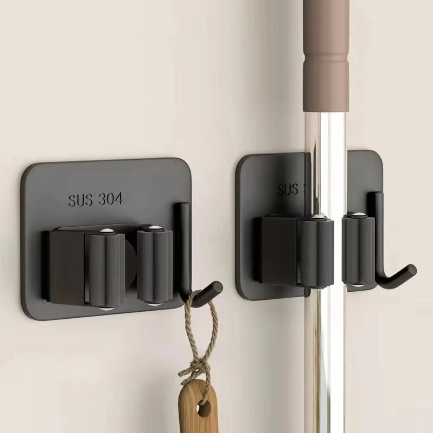 

304 Stainless Steel Mop Holder Hook Wall-Mounted Mop Organizer Rack Brush Broom Mop Hanger Kitchen Bathroom Storage Heavy-Duty H
