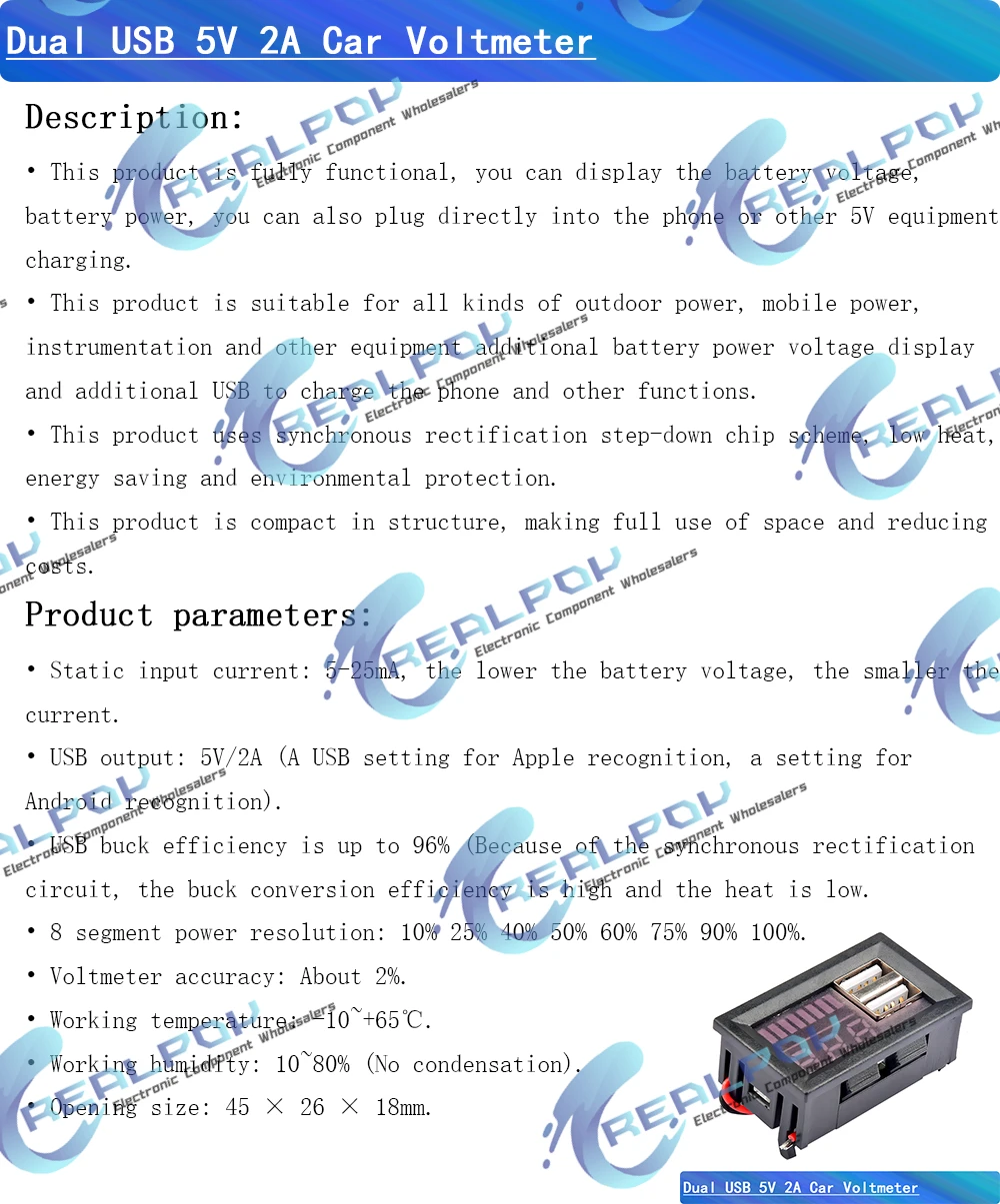 Realpoy Spannungsmesser-Panel, Dual-USB 5V 2A, Auto-Voltmeter 12V-24V, Lithium-Batterie-Kapazitätsanzeige, Leistungstester für Li-Ion und Blei-Säure – Detail 1