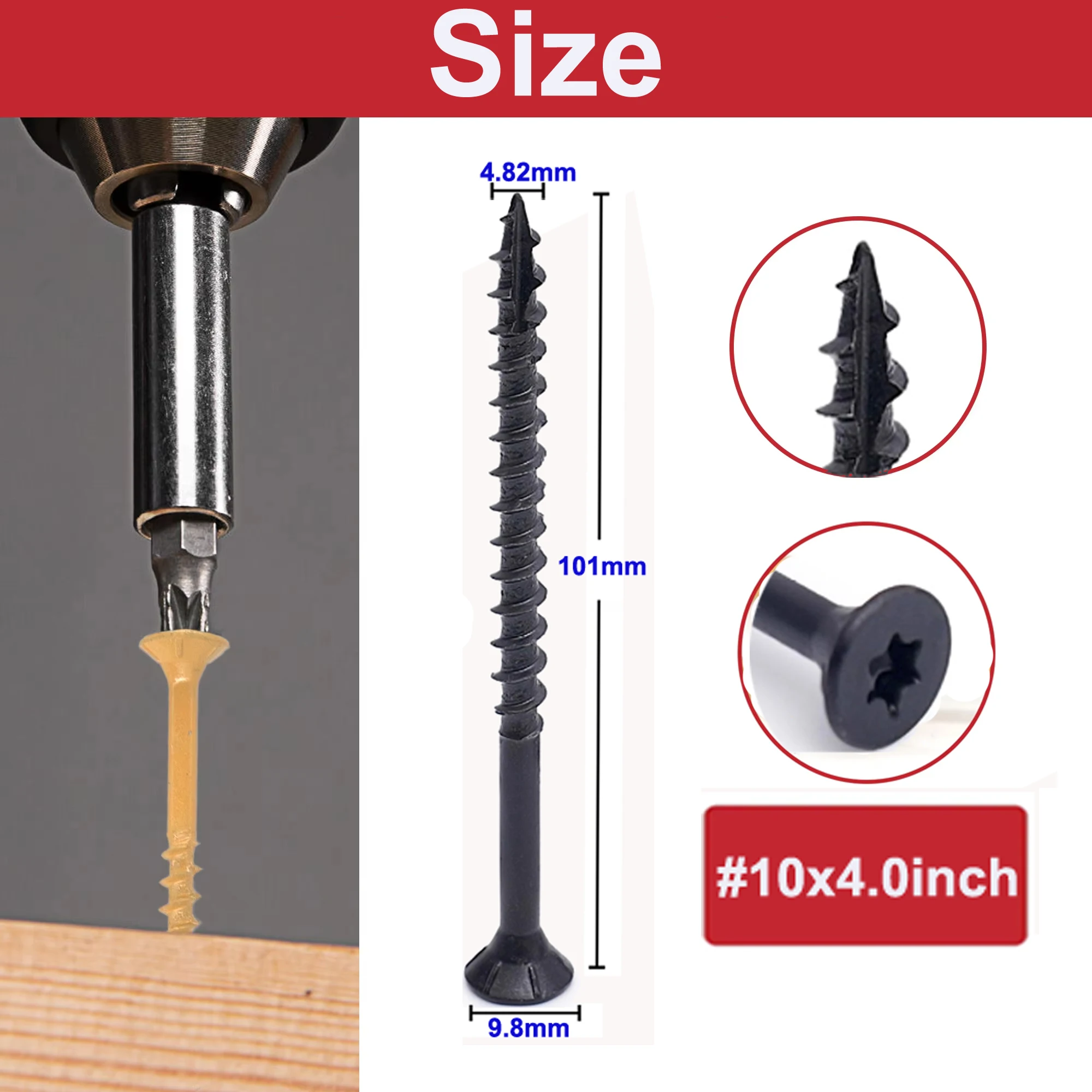 Weiyi 50/100 Stück Sechskant-Torx-Deckschrauben # 8 # 10 flache, rostbeständige, epoxidbeschichtete, selbstschneidende Holzbolzen in Bronze und Schwarz – Detail 13