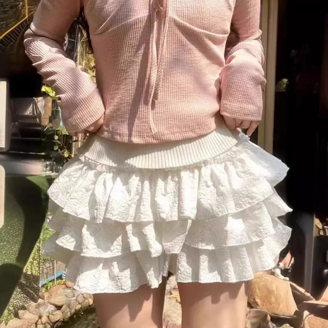 2025 kobiet Kawaii Lolita spodenki spódnica letnie falbany warstwowe Patchwork wysokiej talii krótka spódniczka dziewczyna słodka biała plisowana spódnica