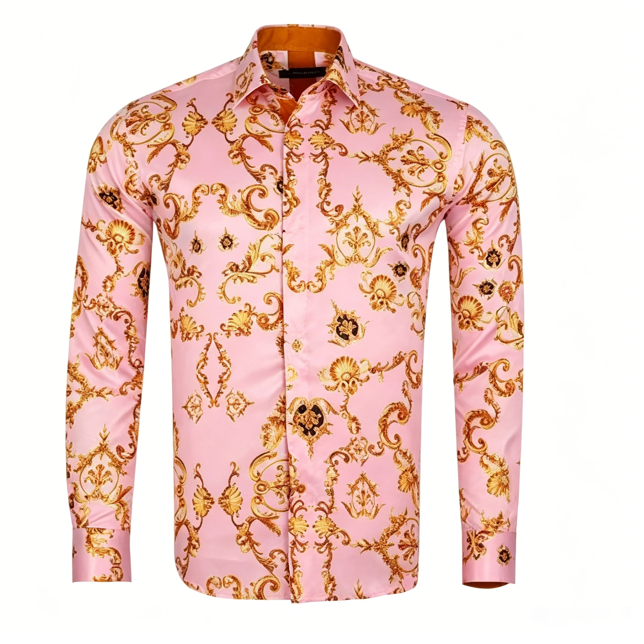 Men Luxury Glossy Satin Long Sleeve Dress Shirt White Base Golden Baroque Floral Scroll Ornate Allover Print Slim Fit Button Dow