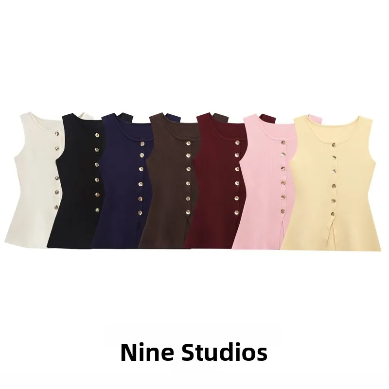 

NINE ZAR женский эластичный топ с золотыми пуговицами, однотонный жилет с плоской иглой, 49200, весна 2025, триацетатное волокно