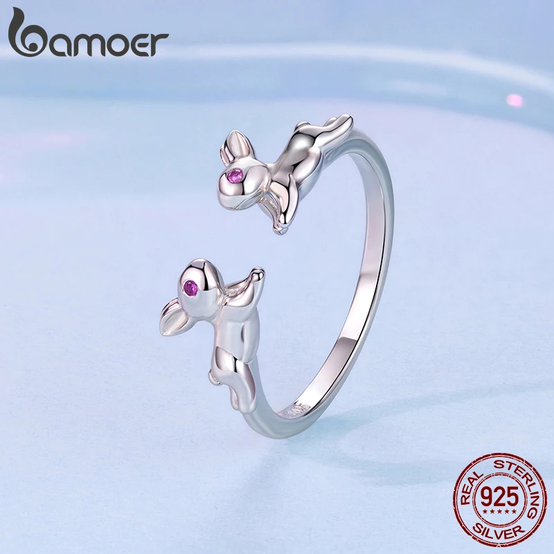 باموير 925 فضة مزدوجة أرنب حلقة مفتوحة خرافة الحيوان ارتفع الأحمر تشيكوسلوفاكيا الدائري للنساء المراهقين جميل الحيوانات الأليفة هدية عيد الميلاد #4