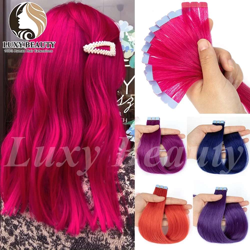 Farbige Rosa Mini-Tape-in Echthaar-Extensions Unsichtbare Nahtlose Tape-in Haarverlängerungen 10 Stück Rosa Rot Grün Lila Blau Mini-Tape Haar