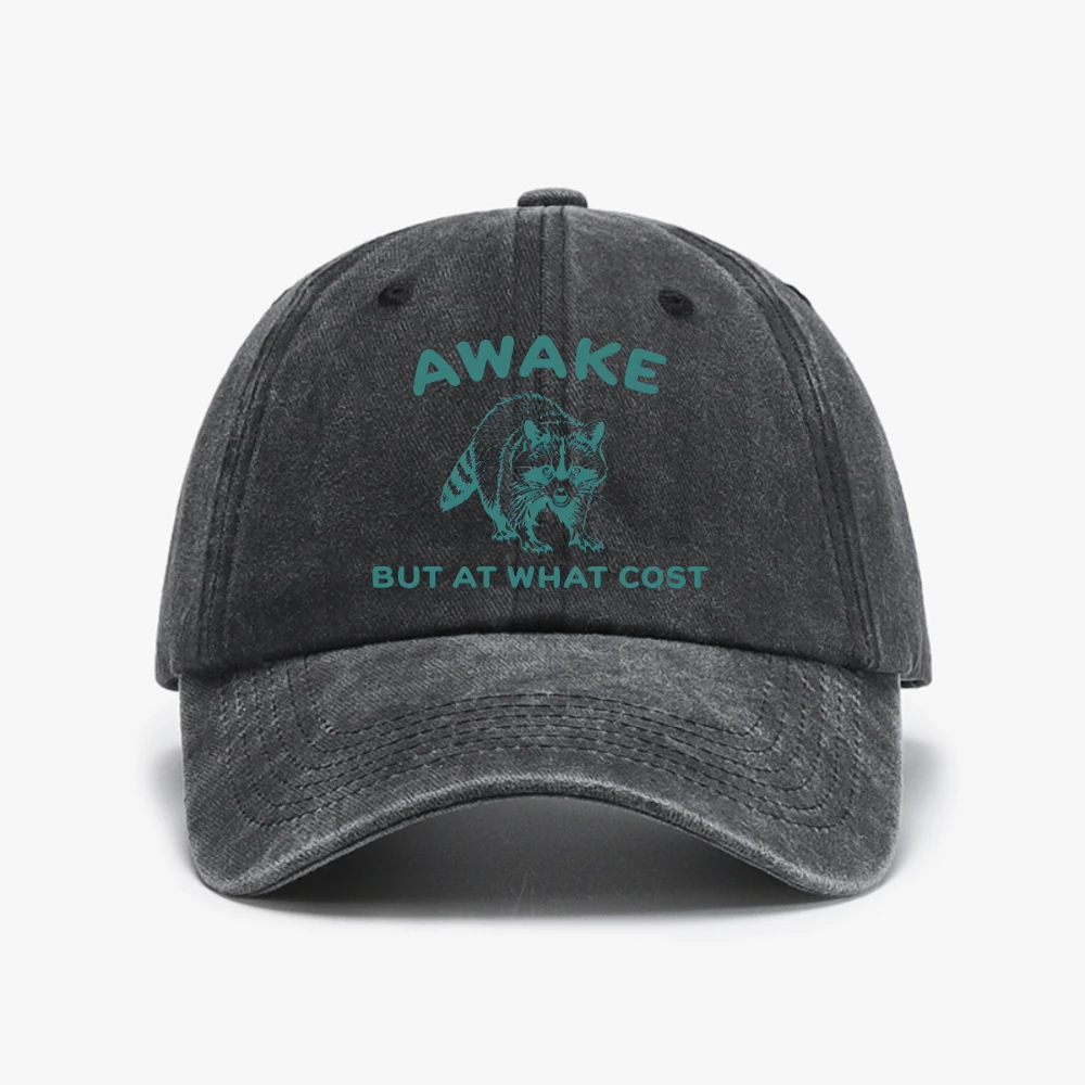 Awake But At What Cost hat Women Men Retro Funny Raccoon Washed Baseball Cap Vintage Trash Panda caps