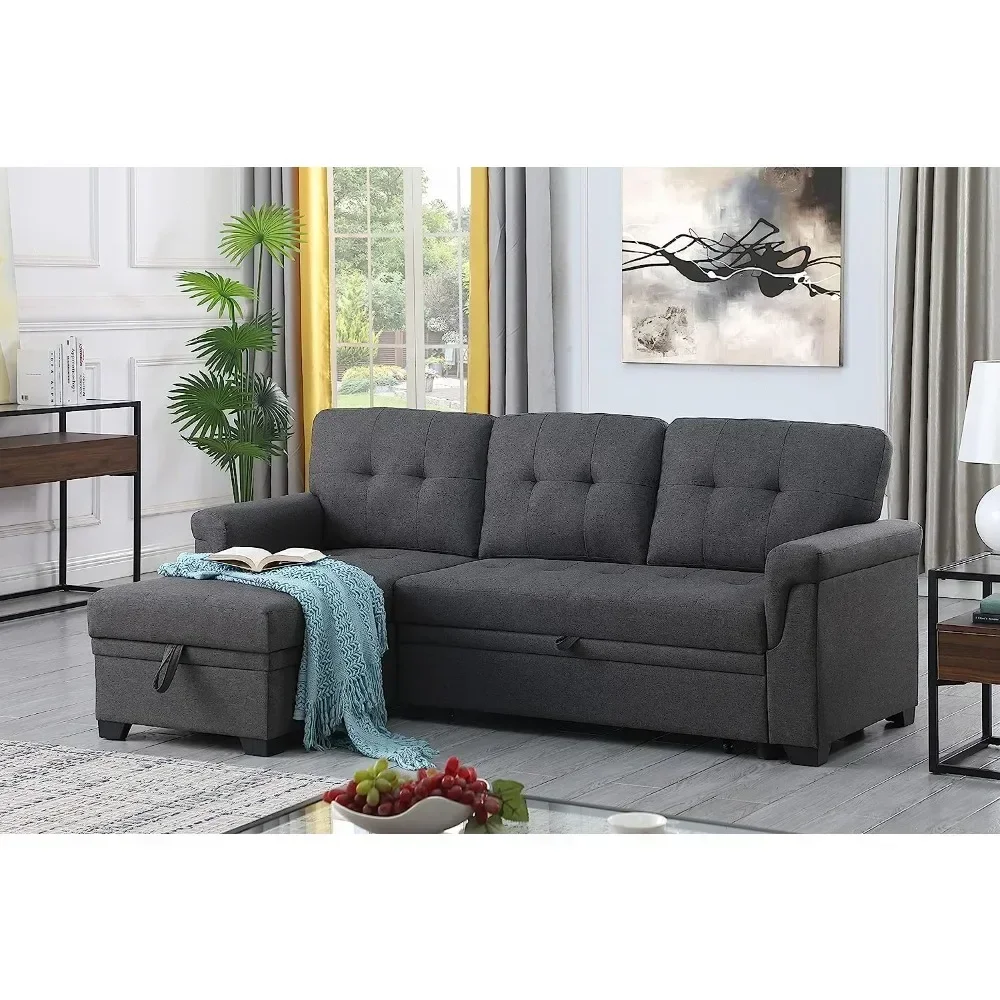 L-shaped Sofa with Storage Chain, Dark Grey, Small Space Living, Linen Reversible Sleeper Sectional Sofa for Home