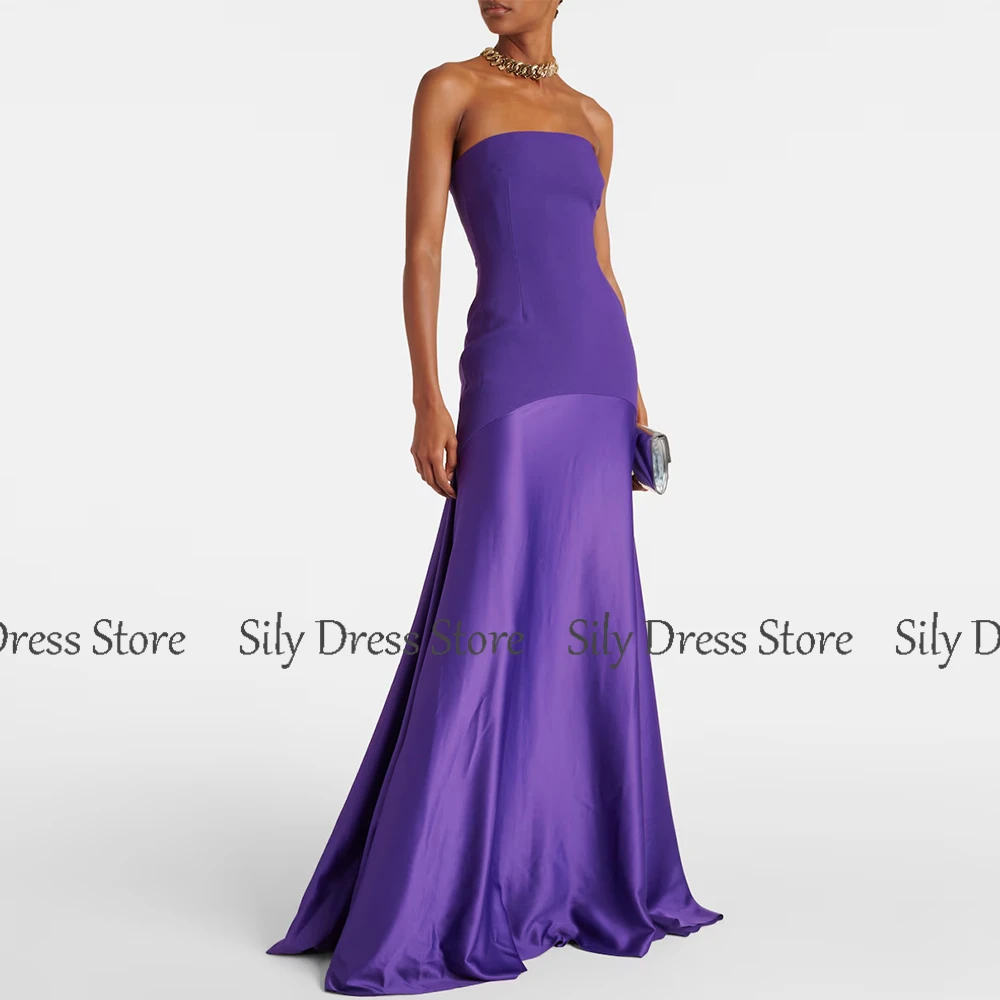 Purple Long Evening Dresses Satin&Jersey A-line Formal Party Dress Strapless Split Ruched Valentine\'s Day Gown 2024