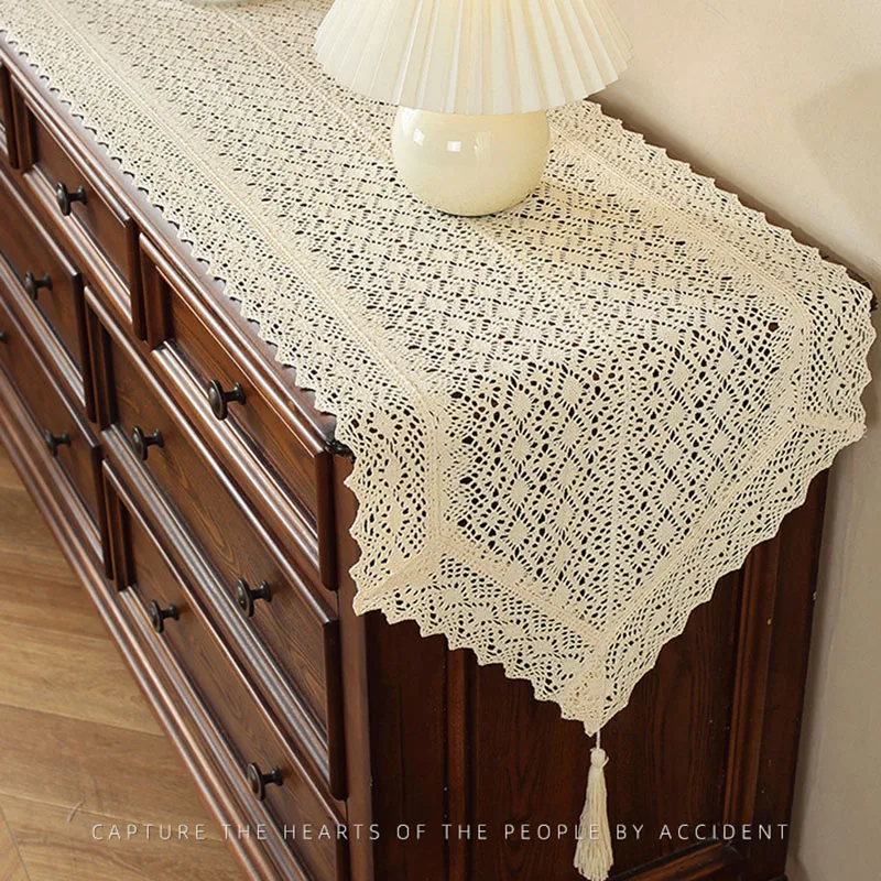 Pastoral Sideboard Hollow Table Runner Literary Beige Crocheted Lace Tv Cabinet Cover Towel Cozy Soft Home Textile Accessories