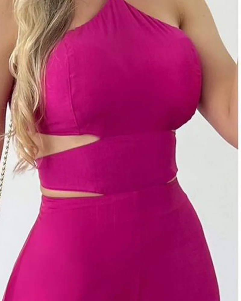 Summer Women Solid Elegant Sexy Criss Cross Backless Top High Waist Split Hem Halter Sexy Working Jumpsuit