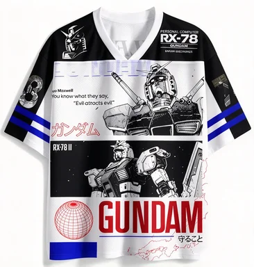 Mobile Suit Gundam RX-78-2V Leading Anime Sports Black and White Mesh Speed Drying Gundam Battle Comic Pattern Loose T-shirt