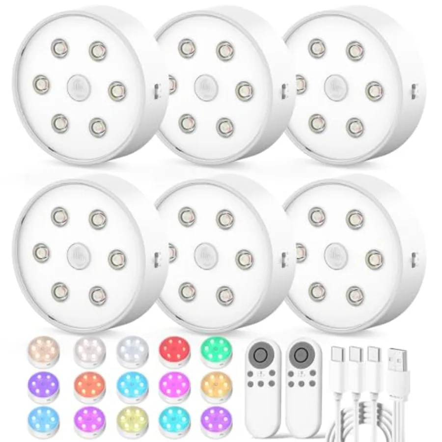 

Rechargeable Under Cabinet Lighting 6 Pack, Wireless LED Puck Lights with Remote Control Sync and Groupable, 2600mAh Color Chan