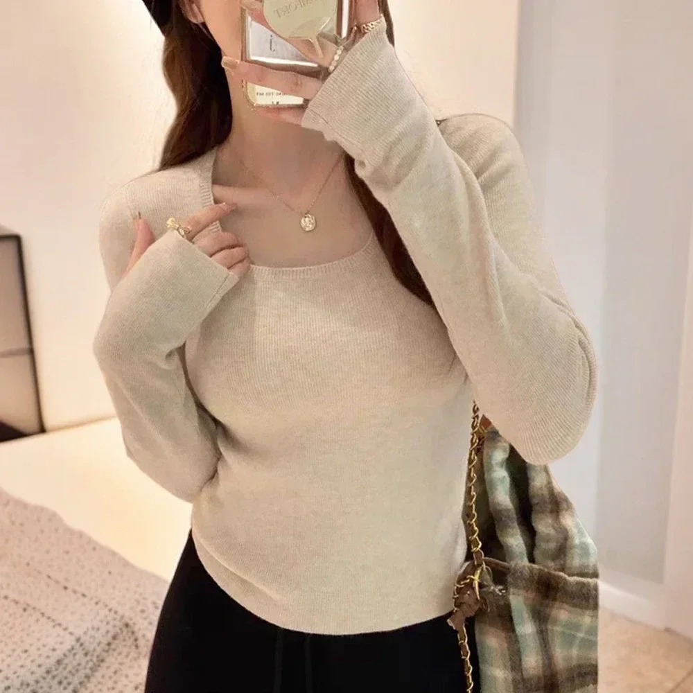 Women O Neck Long Sleeve Short Pullover Woman Vintage Slim Stretch Sweater T Shirts Clothes Girl Black White Screw Thread Tops