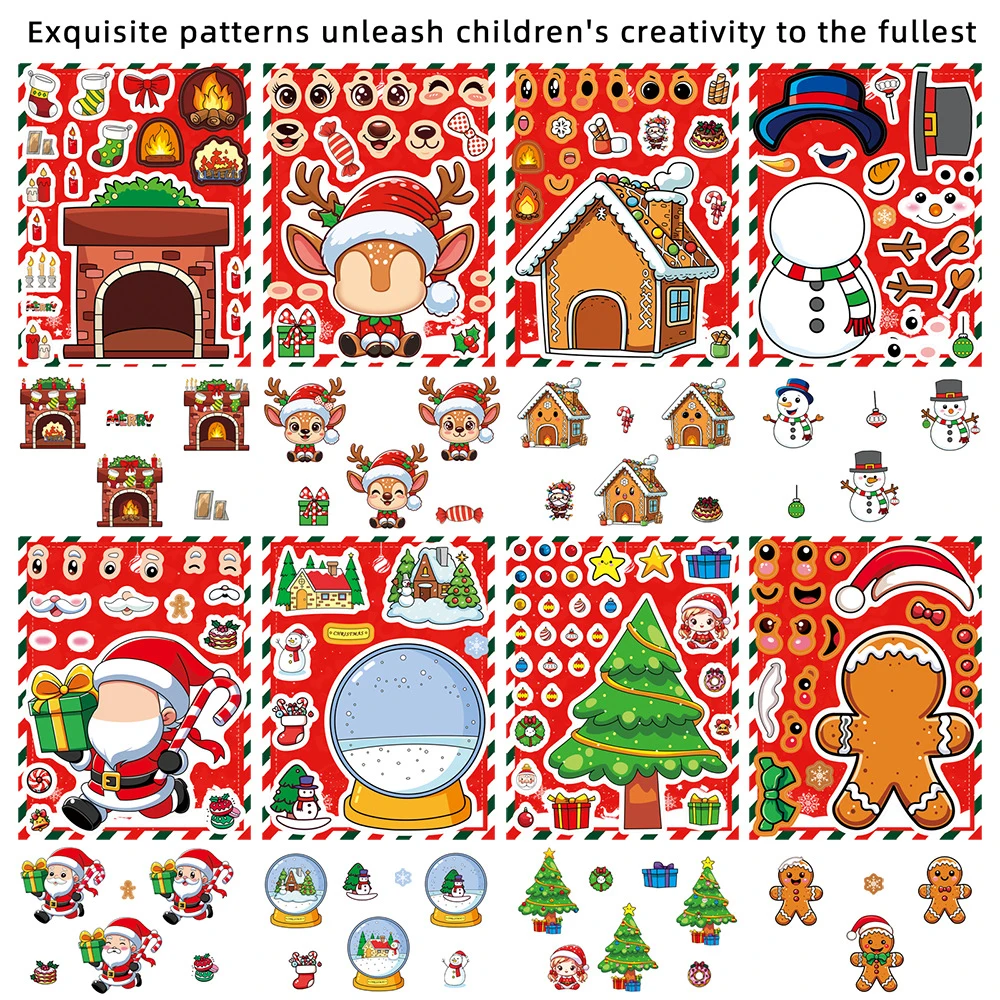 

8/16Sheets Cute Cartoon Christmas Puzzle Stickers Game Make a Face Assemble Jigsaw Education Toy Craft Sticker Decal Party Favor