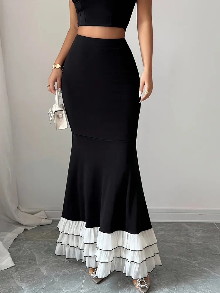 

New Women's Fashion Black and White Splicing Fish Tail Style Elegant Women's High and Thin Half body Fish Tail Skirt