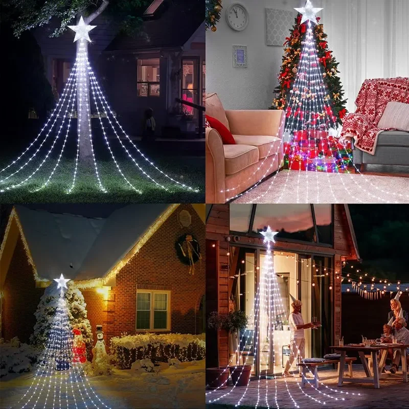 Guirxiété lumineuse LED en forme de cascade, étoile, décorations de Noël, ornements d'arbre, maison, nouvel an, 2024, 2025