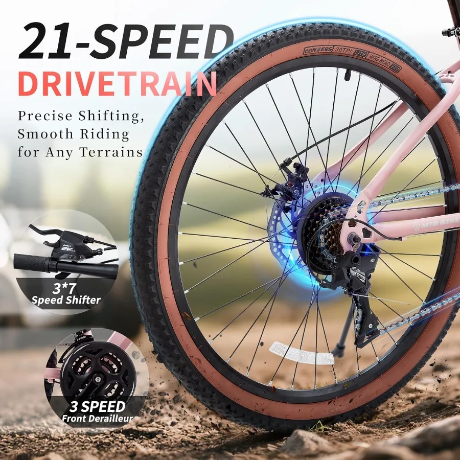 Bicicleta de Montaña de 24 pulgadas para hombres y mujeres con 21 velocidades neumáticos gruesos de 2,125 pulgadas sistema de suspensión doble completa frenos de disco Inter