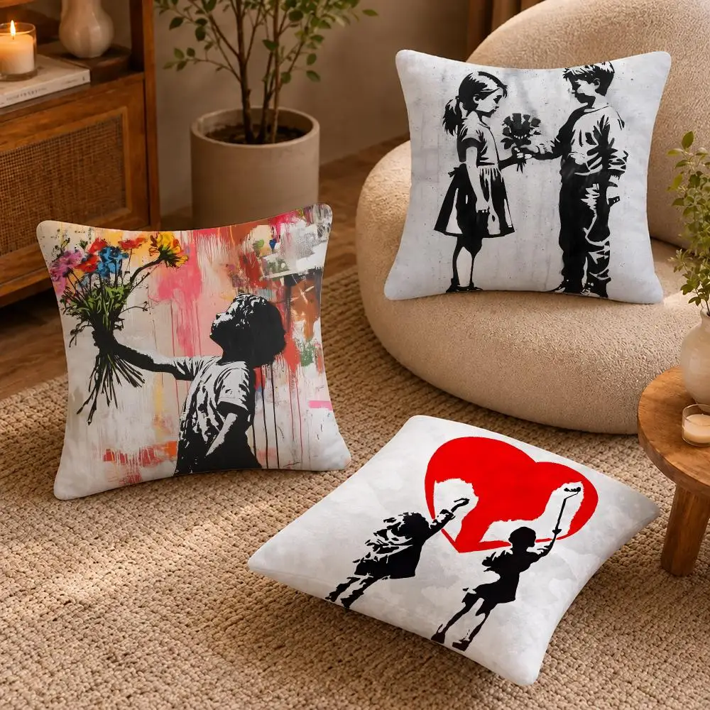 Artist Banksy Cushion Cover Short-Plush Cushion Cover Pillowcase — Suitable for Sofas Bedrooms and Home Decor