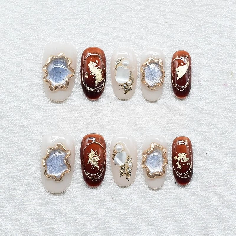 

New Handmade Nail Temperament Retro Style Gold Foil Magic Mirror Amber Advanced Sense Manicure Press on Nails