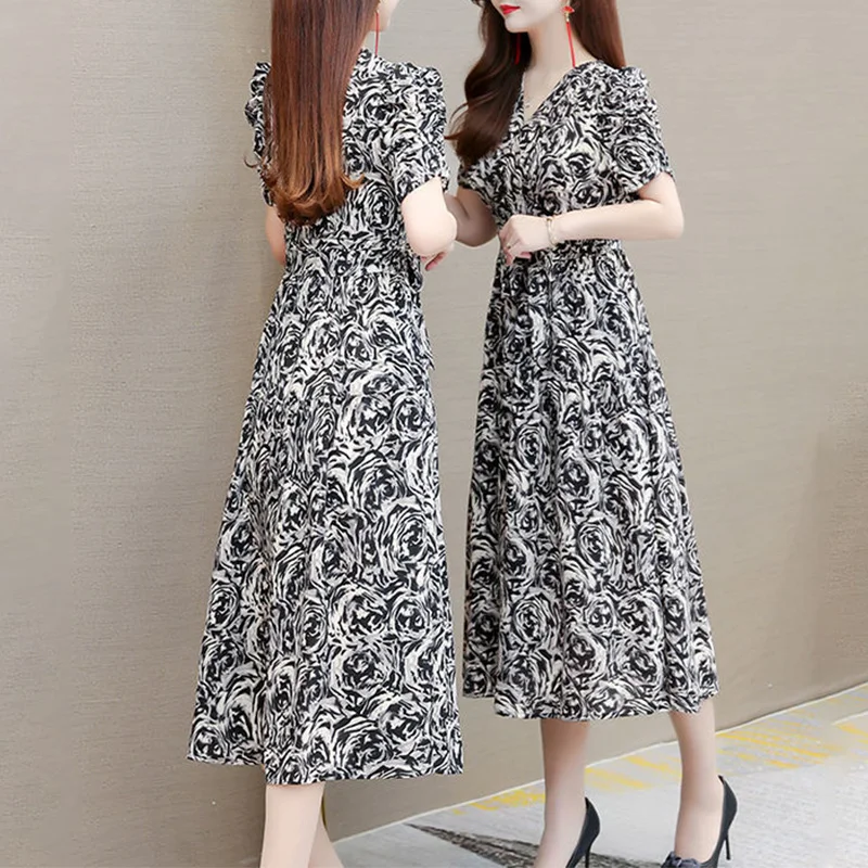 2023 Summer New Style Temperament Women\'s Clothing Lacing Fashion V-Neck Printing Short Sleeve Splicing Pockets Slim Midi Dress
