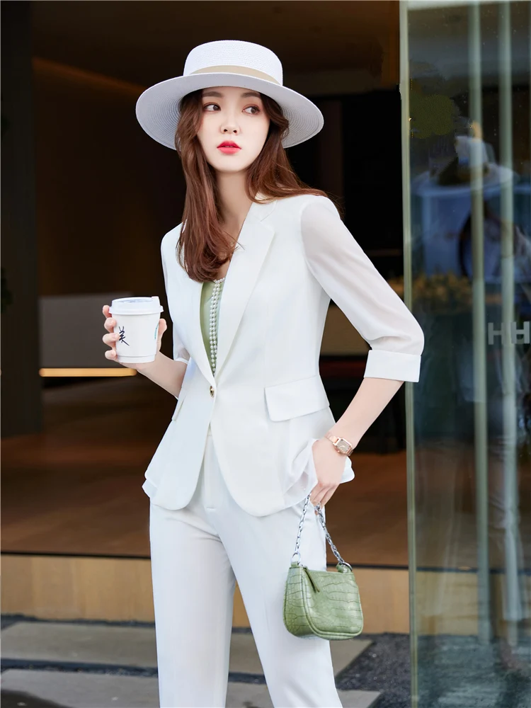 Women\'s Summer Pants Suit Elegant Women\'s Sets Blazer Trousers  Blue See-Through Sleeve Top Femalt Suit 2 Pieces 2024