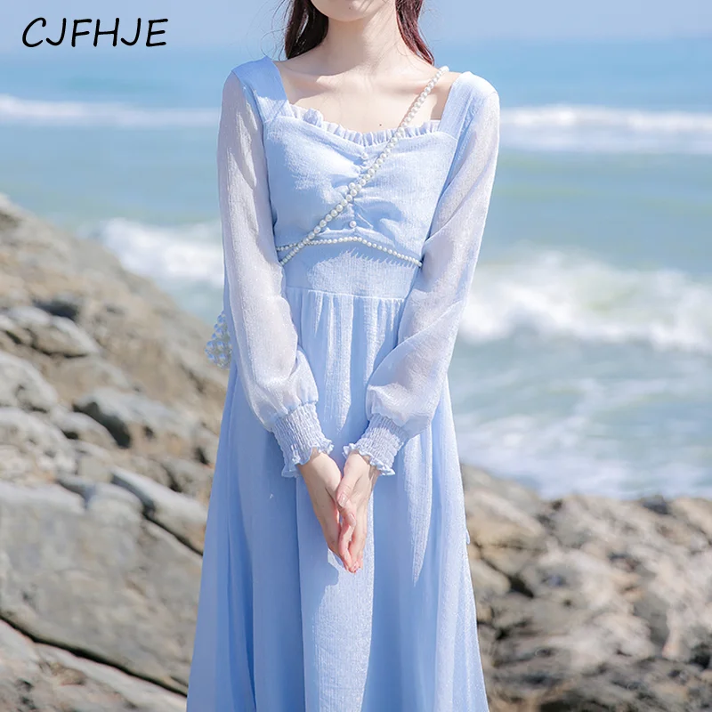 Cjfhje blau langes Kleid Frauen elegante Vintage Abend party Chiffon Kleider Frühling koreanische Mode schlanke Schnürung Langarm Kleid