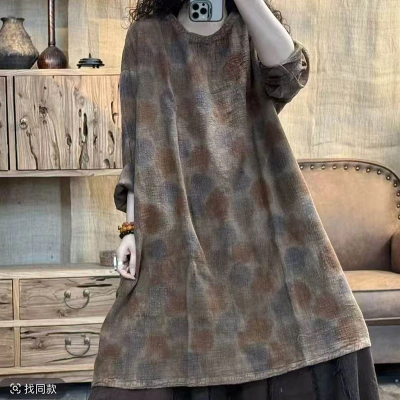 26 New Arrival Spring Arts Style Women Loose Casual Cotton Linen Tops Tees Tie Dye All-matched O-neck Long Sleeve T Shirts L154