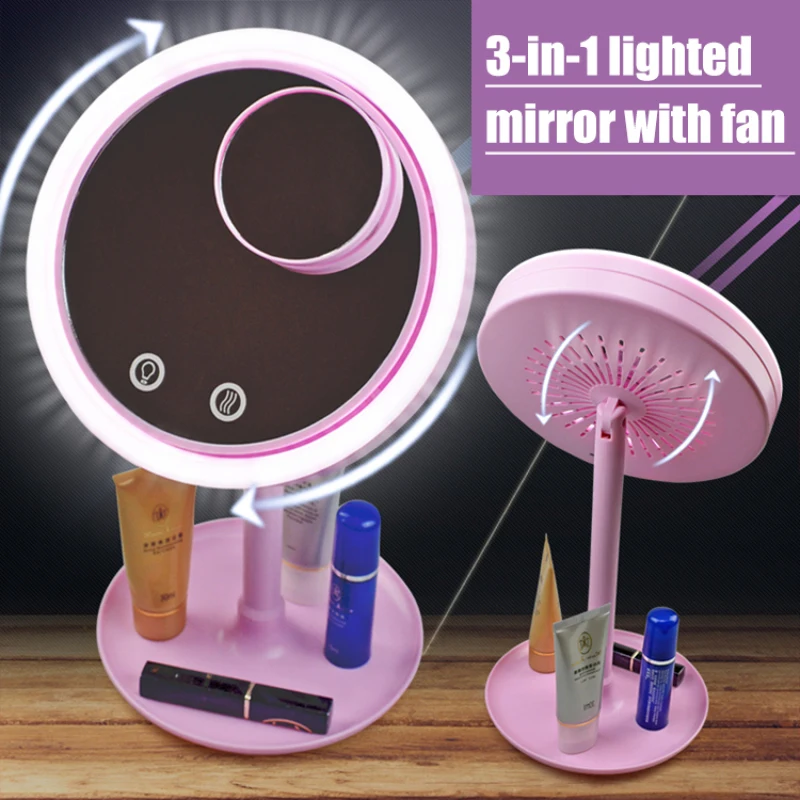 3 in 1 Table Desktop LED Makeup Mirror Light Lamp Breeze Beauty Mirror w/ 5X Magnifier Mirror and Fan for Lady Women Beauty Tool