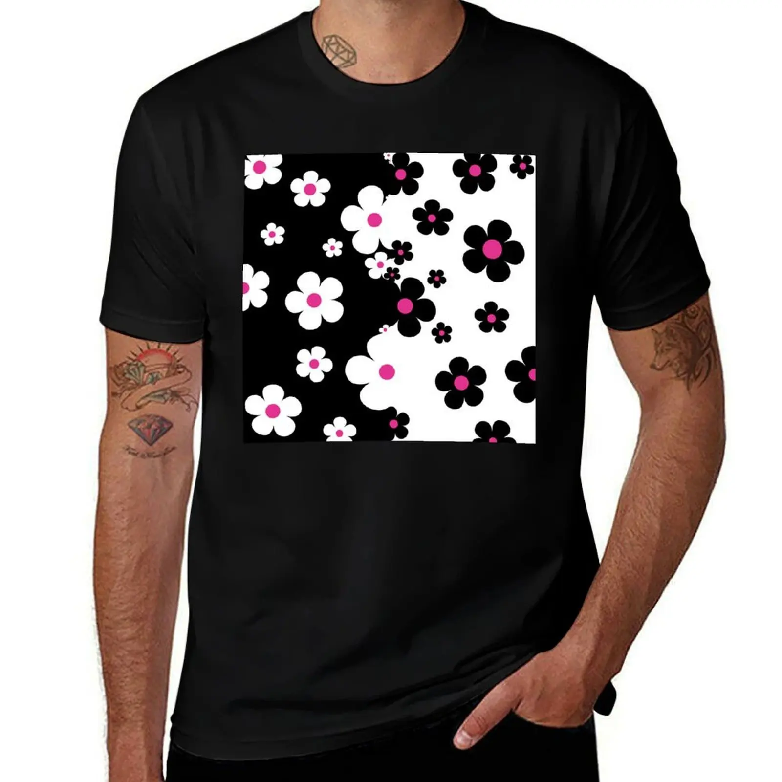 

60's Retro Pop Small Flowers in Black, White and Pink T-Shirt Clothing fashion shirts customizeds hippie clothes t shirts men