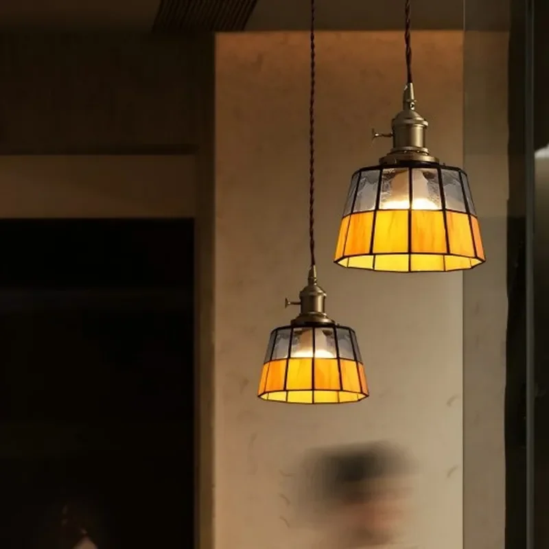 Vintage Brass Glass Chandelier Japanese Style Retro Pendant Light Modern Creative Bedroom Bedside Ambient Lighting Fixture