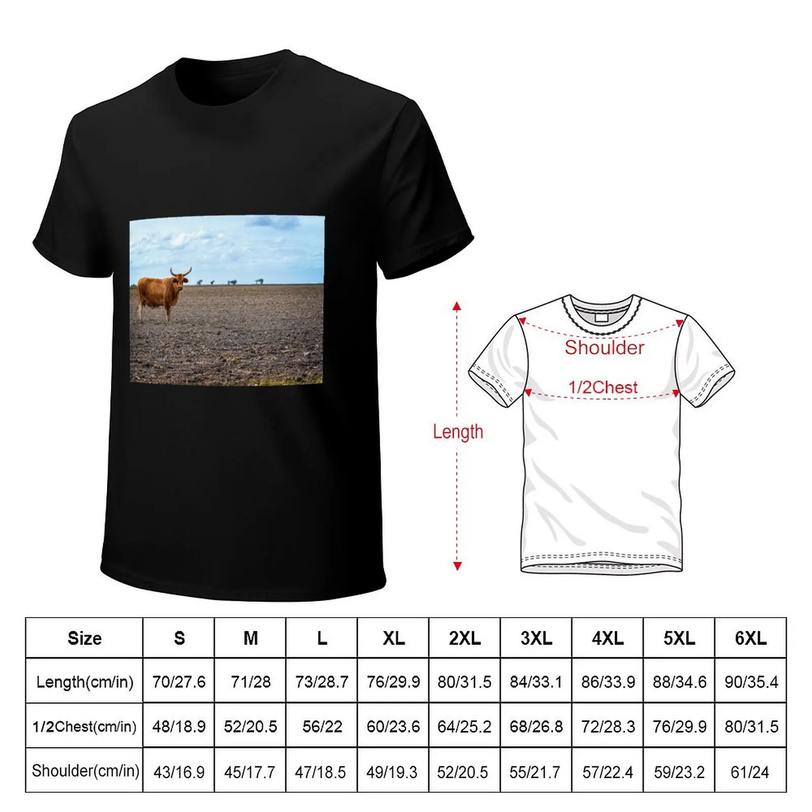 Cow with horns standing in empty pasture T-Shirt Lightweight Sport Basic T-Shirt