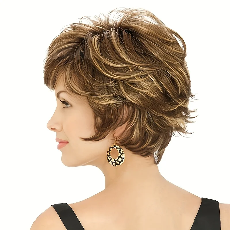 Women's short curly wig with side-swept bangs, highlighted with dark brown and light gold synthetic fibers, suitable all women