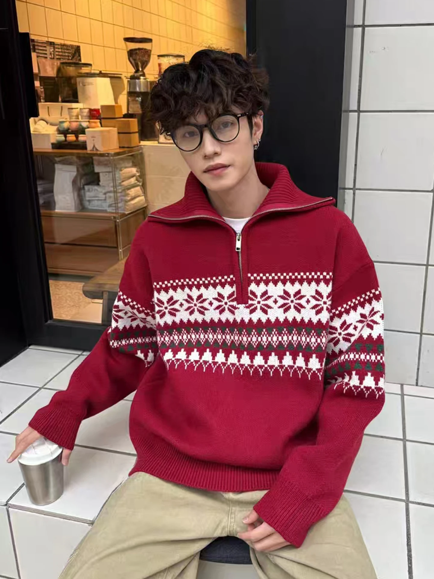 

Красный вязаный свитер-худи на молнии Cisas New Year для мужчин, повседневный, с длинным рукавом, теплый, зимний, верхняя одежда, трикотаж