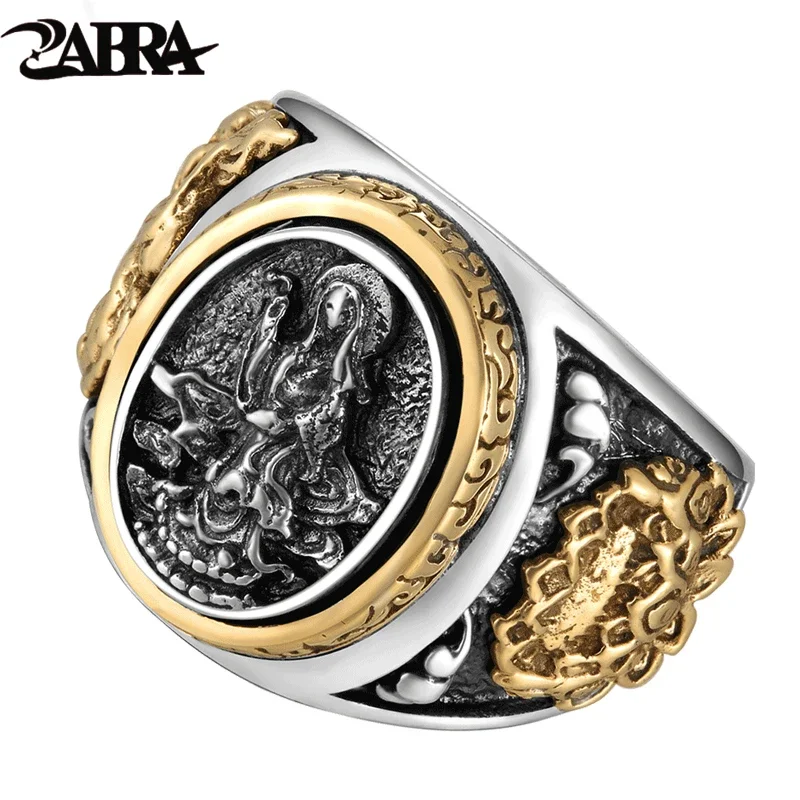 

ZABRA Vintage Buddhism Goddess 925 Silver Dragon Male Ring Gold Retro Black Male Silver Ring Sterling Biker Man Rings Jewelry