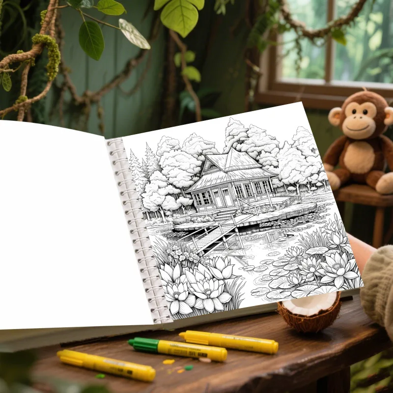 New arrival: cross-border bestseller - country scenery coloring book for kids, spiral bound sketchbook, coloring book