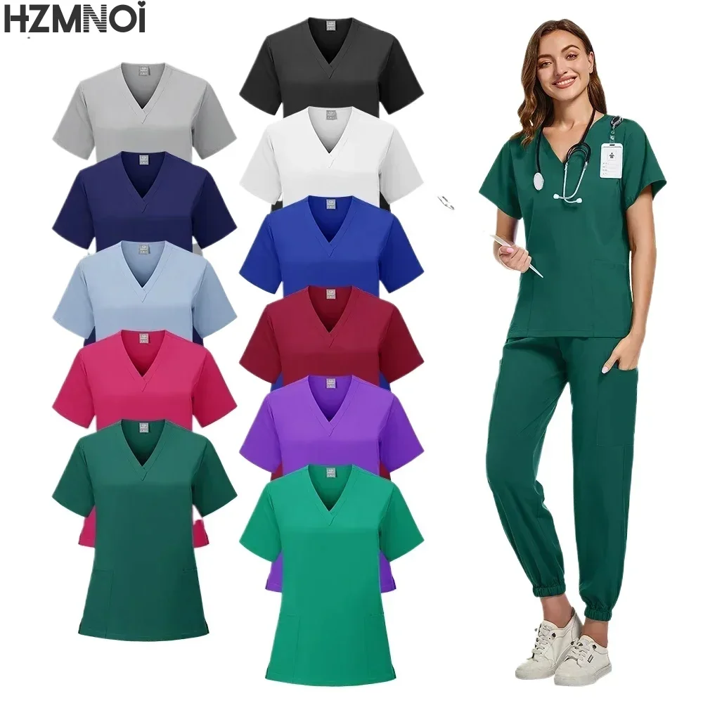 의료 간호사 미용실 작업복 임상 스크럽 탑 + 바지 스파 의사 간호 튜닉 정장 외과 유니폼 여성 스크럽 세트