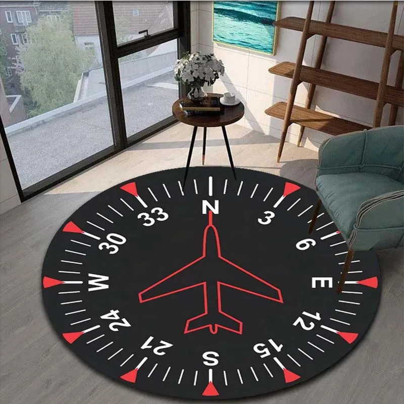 Compass & Aircraft Round Rug – Mythic Navigation Design Crystal Velvet Mat for Bedroom, Living Room – Indoor Decor
