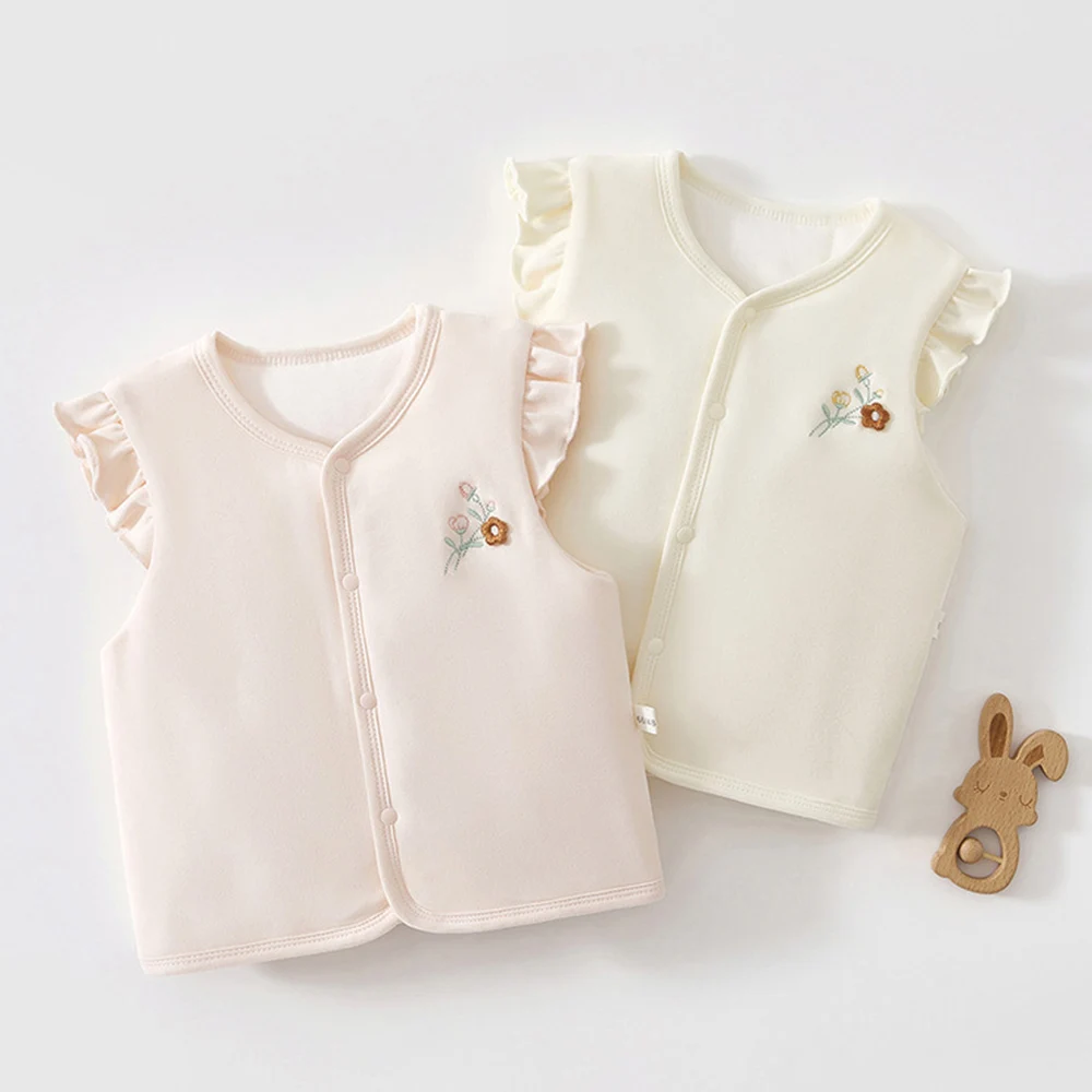 

Жилет для маленьких девочек, стеганая теплая осенне-зимняя одежда для младенцев, оборки, цветочная вышивка, рождественская верхняя одежда принцессы для малышей, жилет