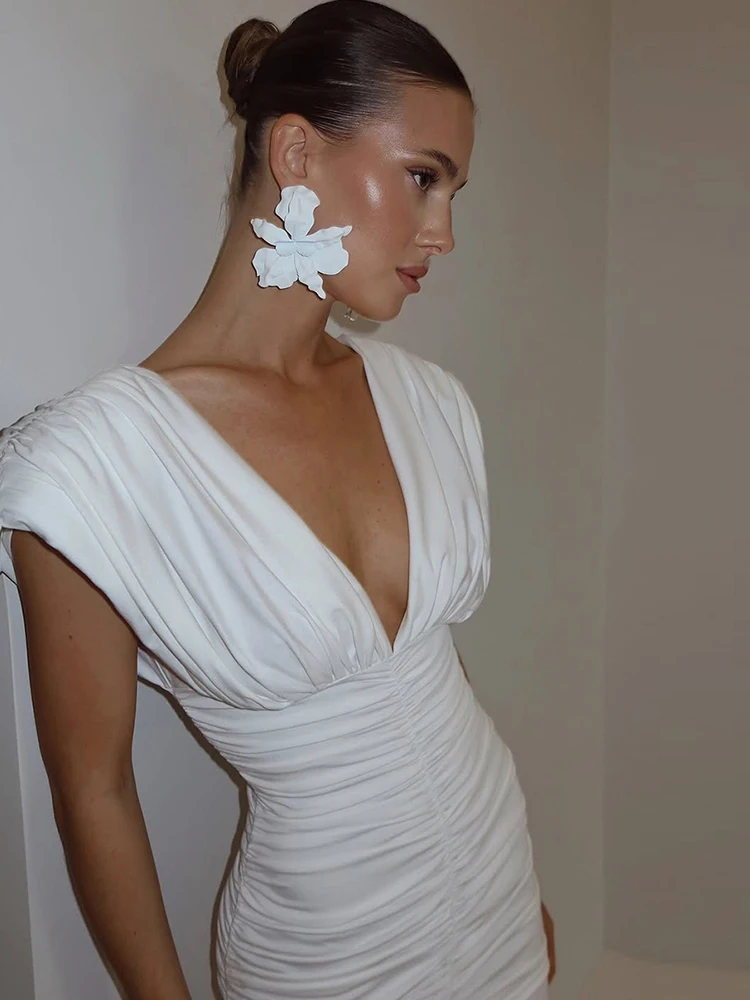 Nibber Klassieke Ruches Elegante Jurk Vrouwen Y2K Perzik Billen Diepe v-hals Effen Mouwloos Verjaardagsfeestje Zomer Mini Bodycon