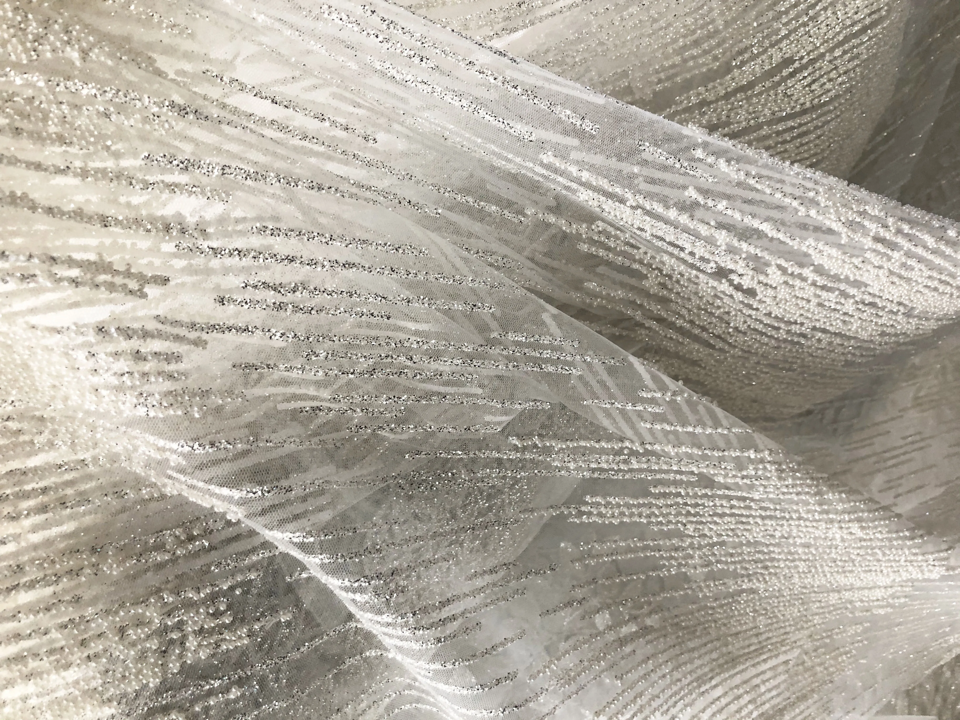 W150cm 1meter/lot (Beads will drop)White Mesh Pearl Decoration Lace Fabric Wedding Dress Clothes Veils Sewing Fabric SC224