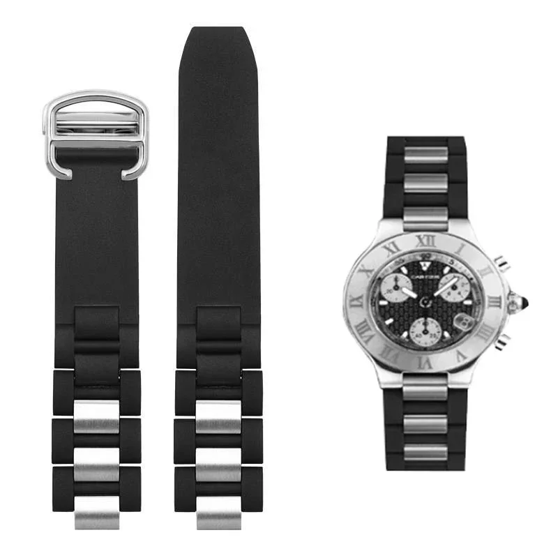 Watch Band for Cartier 21Th Century Series White Black Stainless Steel Rubber silicone Watchband Men Women Bracelet 20mm * 10mm