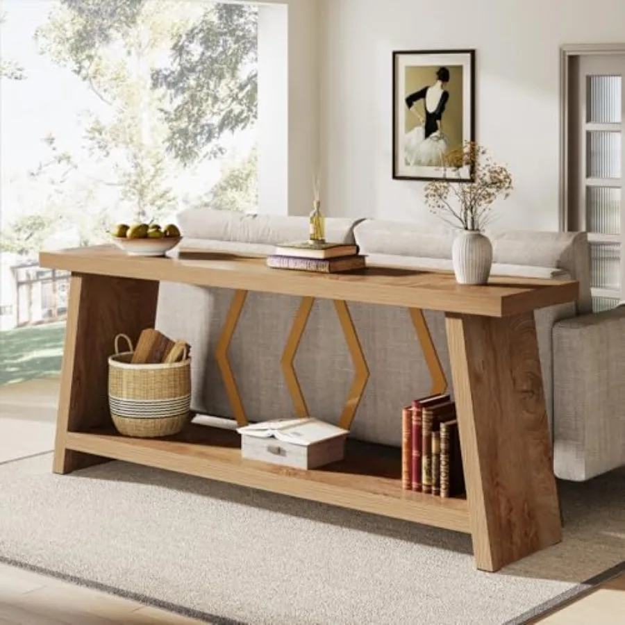71'' Long Console Sofa Table for Industrial Entryway Use, Solid Wood, Matte Black Finish, Rustic Metal Legs