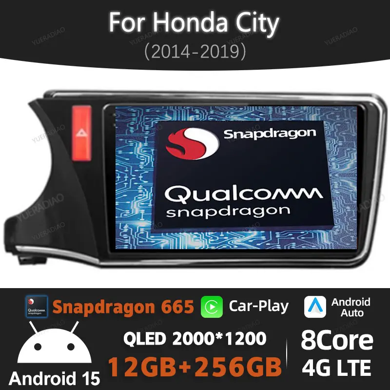 

Автомобильный радиоприемник Android 15 для Honda City Grace 2014 2015 2016 2017, беспроводной Carplay, автомутимедийный видеоплеер NAVI GPS 4G WIFI QLED