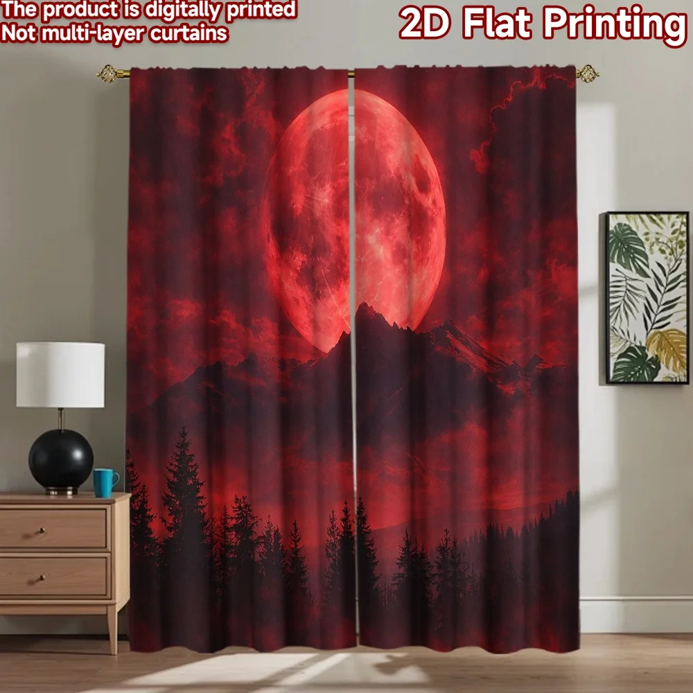 2D flat printing 2pcs Curtain Curtain Hunter's Moon Over Mountains Digital Printed Polyester Drapes Family Party for Holiday