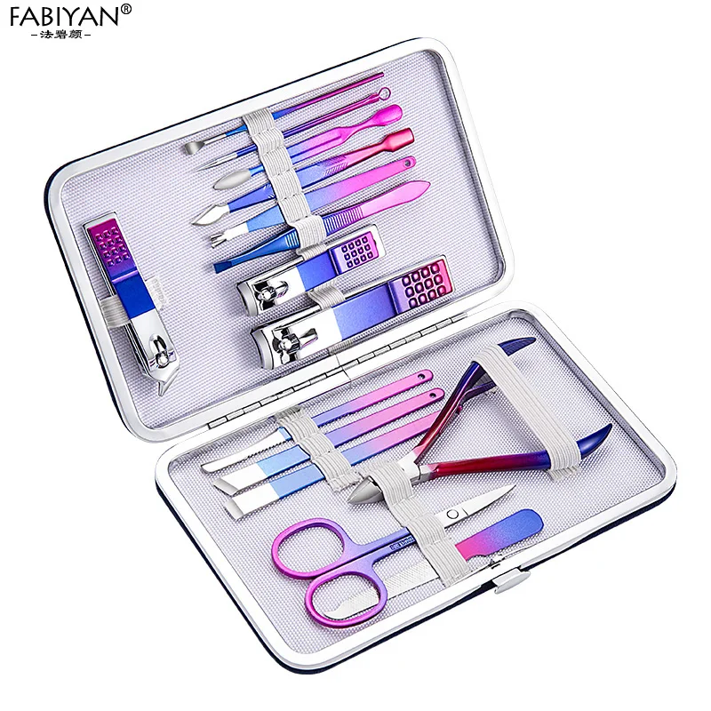 Colorful 7/10/12/15Pcs Stainless Steel Ear Spoon Nail Clippers Manicure Pedicure Set Cuticle Scissors Tools With Case