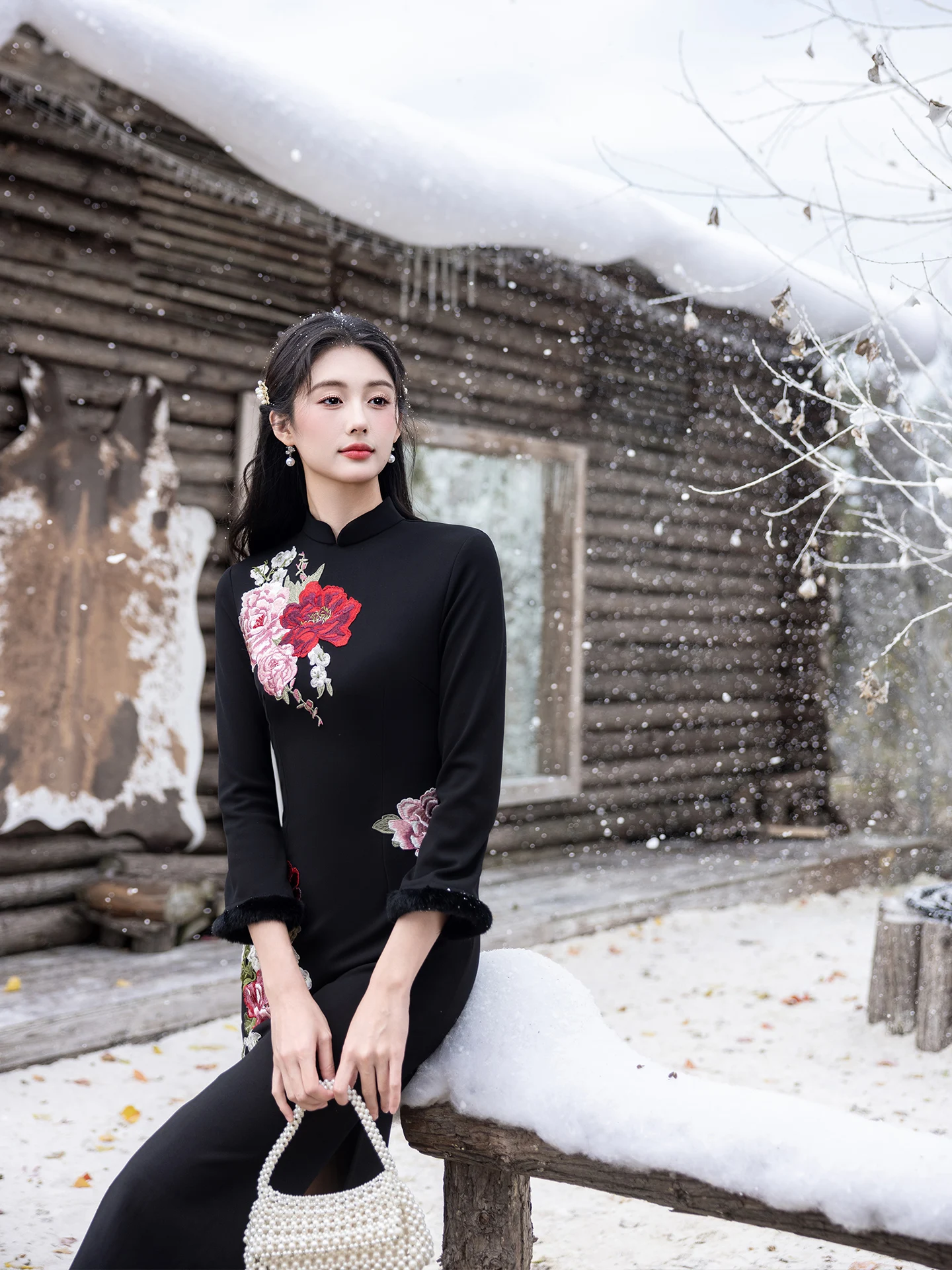 

Ele Long-Sve Fro Coat Sle Women's Dr in Bla Chinese Traditional New Sle with Fce Slim Fit High En...