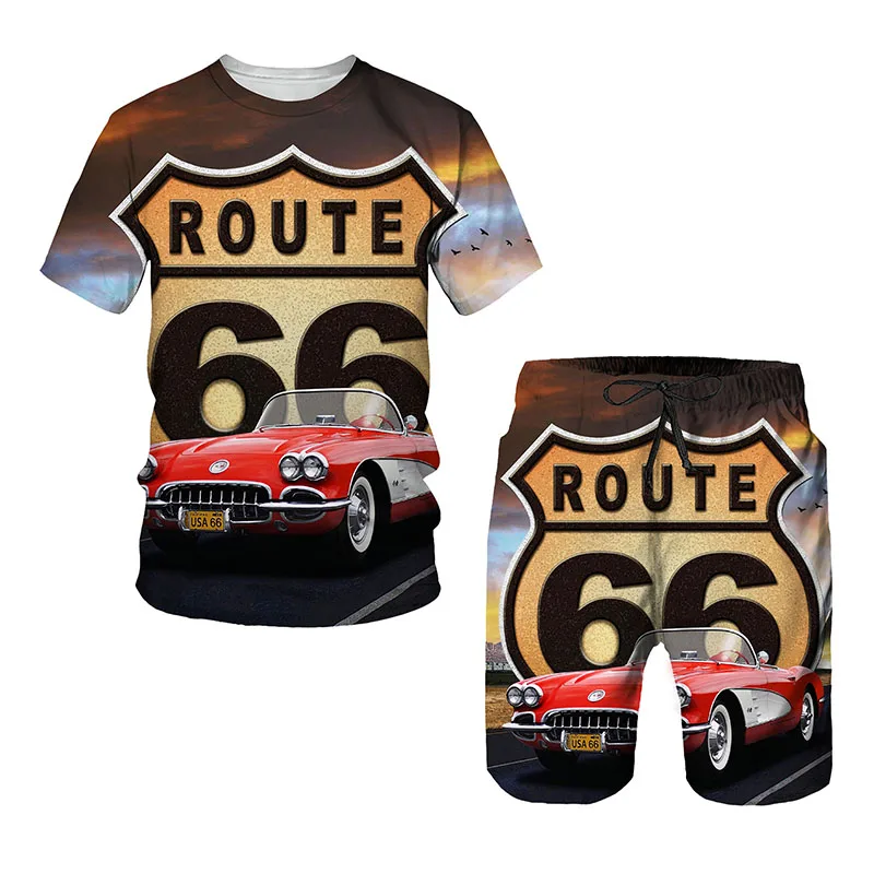 Route 66 Oldtimer 3D-Druck Herren T-Shirt Anzug Männlich Lässig O-Ausschnitt Trainingsanzug Herren Trapsta Kurzarm Set Übergroß Retro 2-teilig