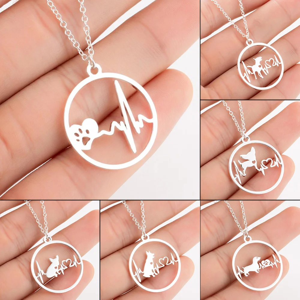 Creative Fashion Pet Dog Footprints Paw Necklace Bulldog Chihuahua Dachshunds Animal Necklaces Heartbeat Pendants For Women