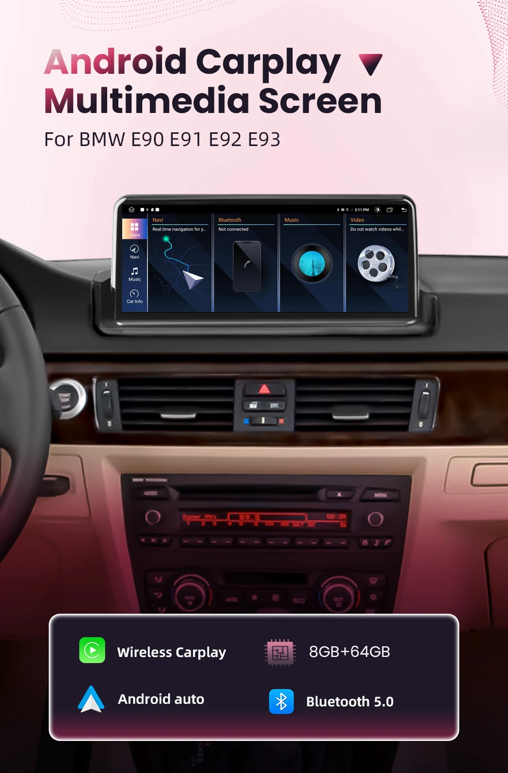 BONROAD Car Android Multimedia Player Radio Wireless Carplay Android auto For BMW 3 Series E90 E91 E92 E93 Touch Screen GPS